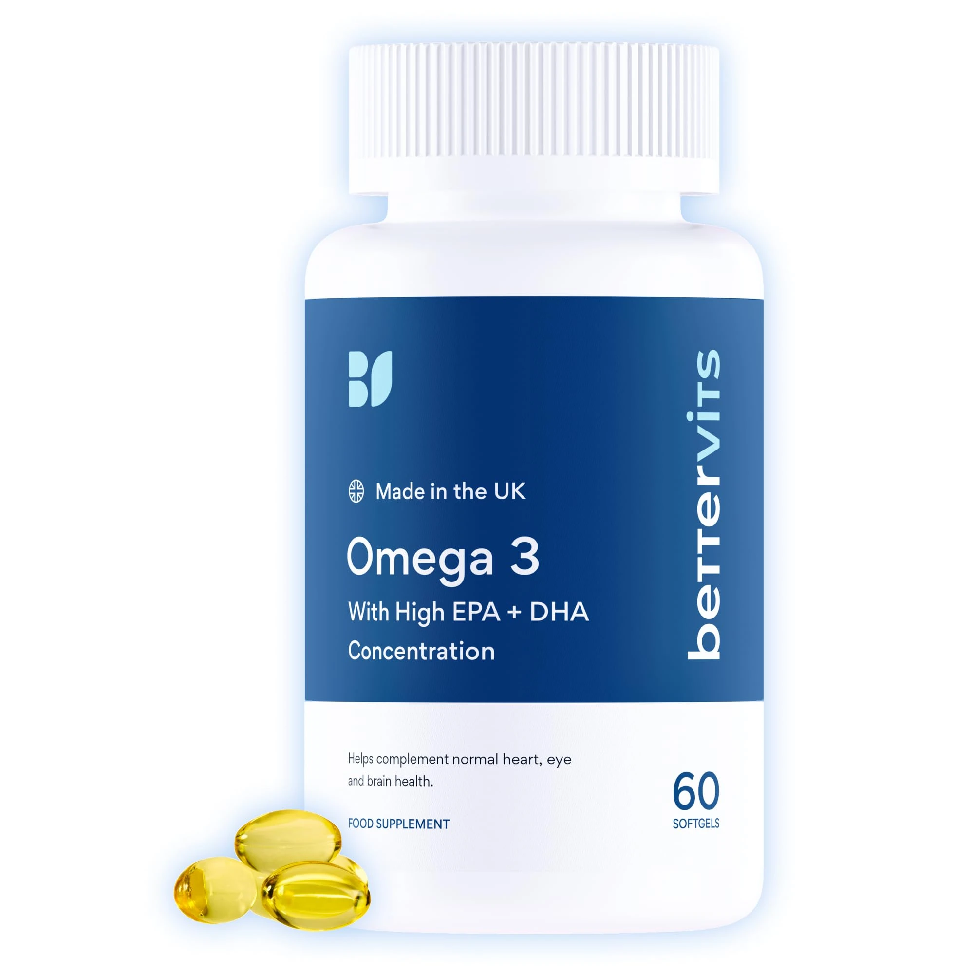 Bettervits Omega 3 Capsules High Strength - 33% EPA & 22% DHA | Omega 3 Fish Oil Nutritional Supplements - Supports Overall Well-Being: Heart, Eye, Skin & Bone Health | 60 Easy-to-Swallow Capsules