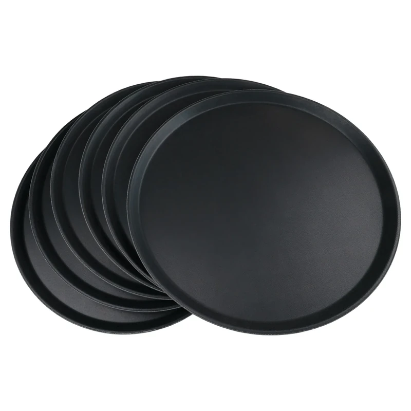 Grunwerg Non-Slip Round Food and Drink Plastic Serving Tray with High Grip Rubber Surface, 18 Inch Diameter, Pack of 6, PN-1800/6, Black, 45cm Diameter