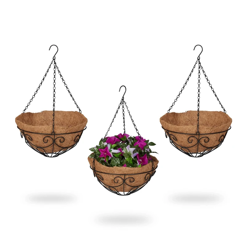 Relaxdays Hanging Basket, Set of 3, Hook, Coconut Fibre Liner, 48 x 31 cm, Metal, Brown/Black, Iron, H x D: 50 x 31 cm