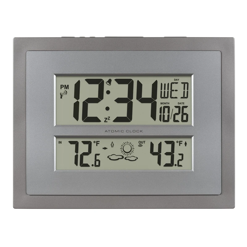 La Crosse Technology 512-85937-INT Atomic Digital Wall Clock with Temperature & Forecast in Gray/Silver