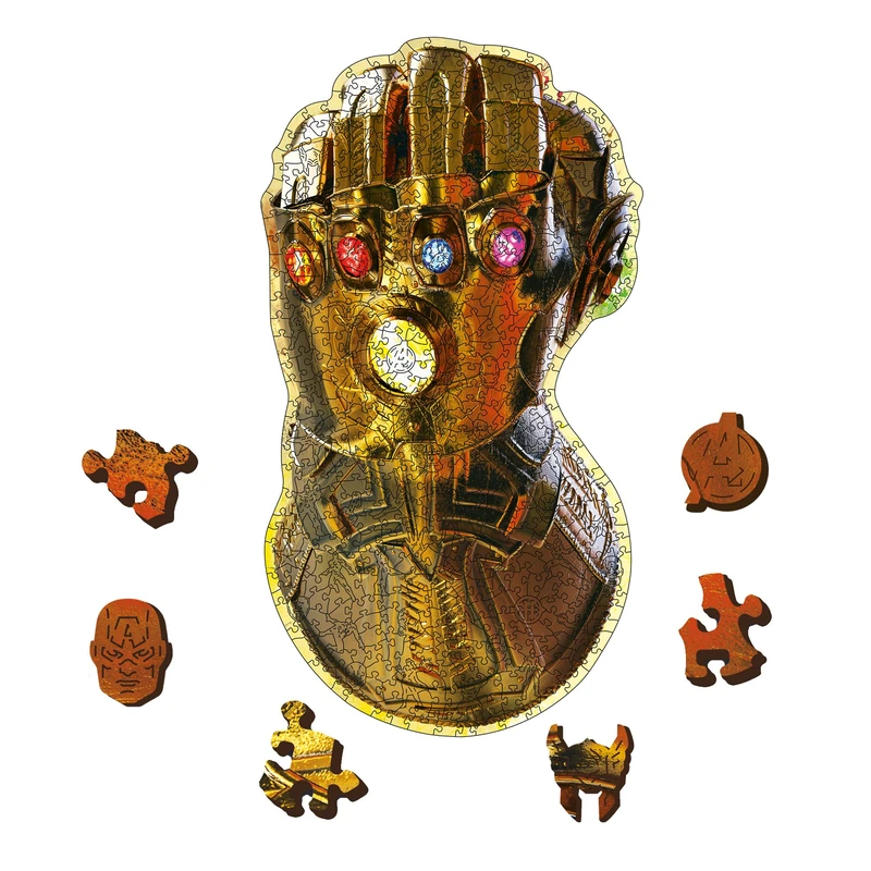 Trefl -500+5 Pieces, Wood Craft, 70 Figures, Premium, for Adults and Children Ages 12+, Color Contour Wooden Puzzle: Marvel Avengers, Infinity Glove, Infinity Glove (20174)