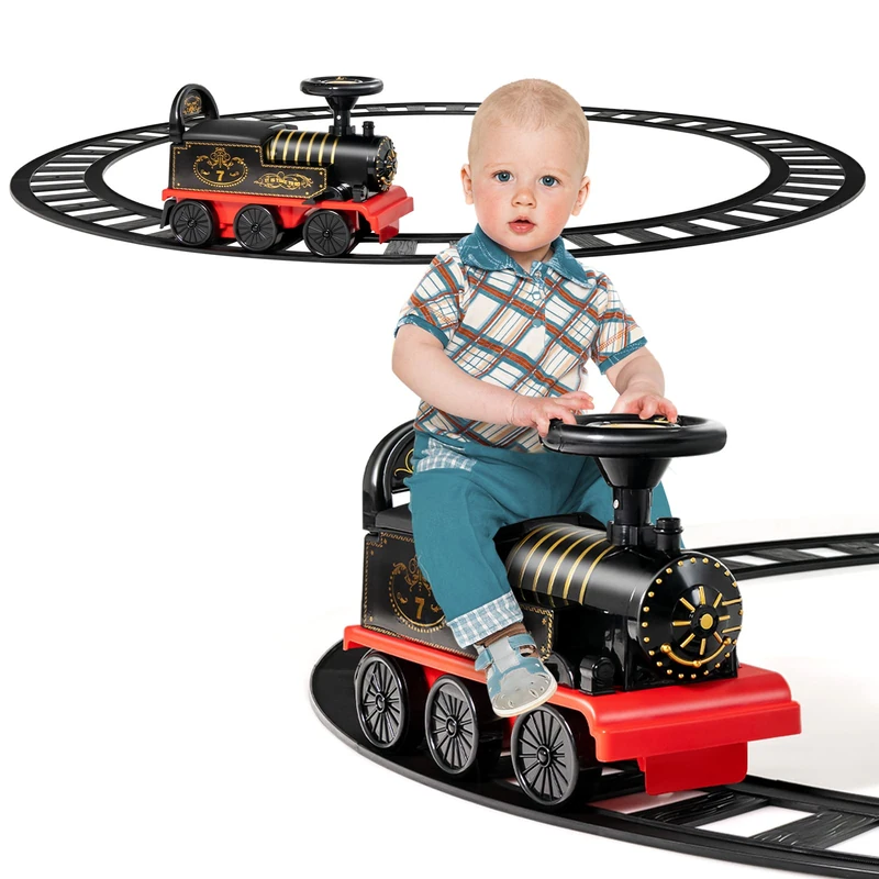 GYMAX Ride On Train with Tracks, 6V Kids Electric Car with Storage Seat, Music & Lights, Toddler Battery Powered Ride On Toy for 3 Years Old+ Boys Girls (Black)