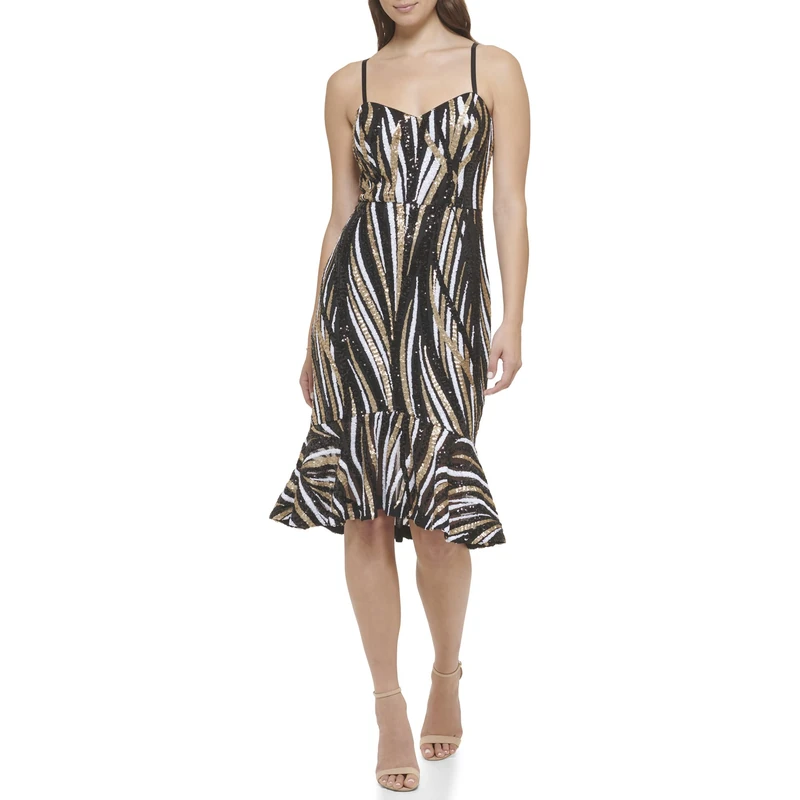 GUESS Women's Sequin Mesh Midi W/Flounced Hem, Black Multi, 18
