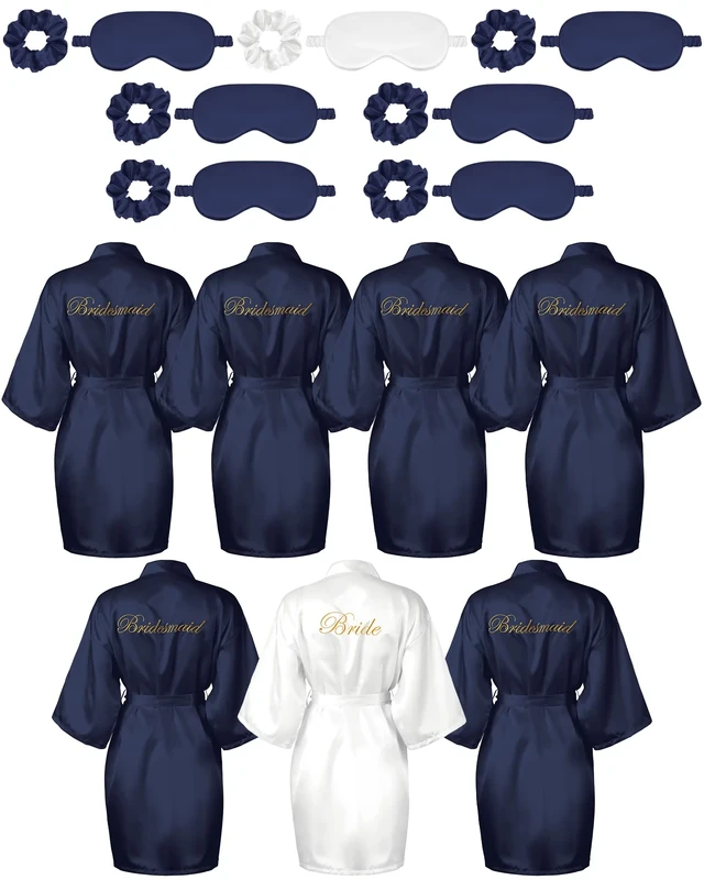 Jecery 7 Pcs Bridesmaid Robe Sets Bride Silk Satin Bridal Party with Sleeping Eye Mask and Elastic Headband, White, Navy Blue, One Size
