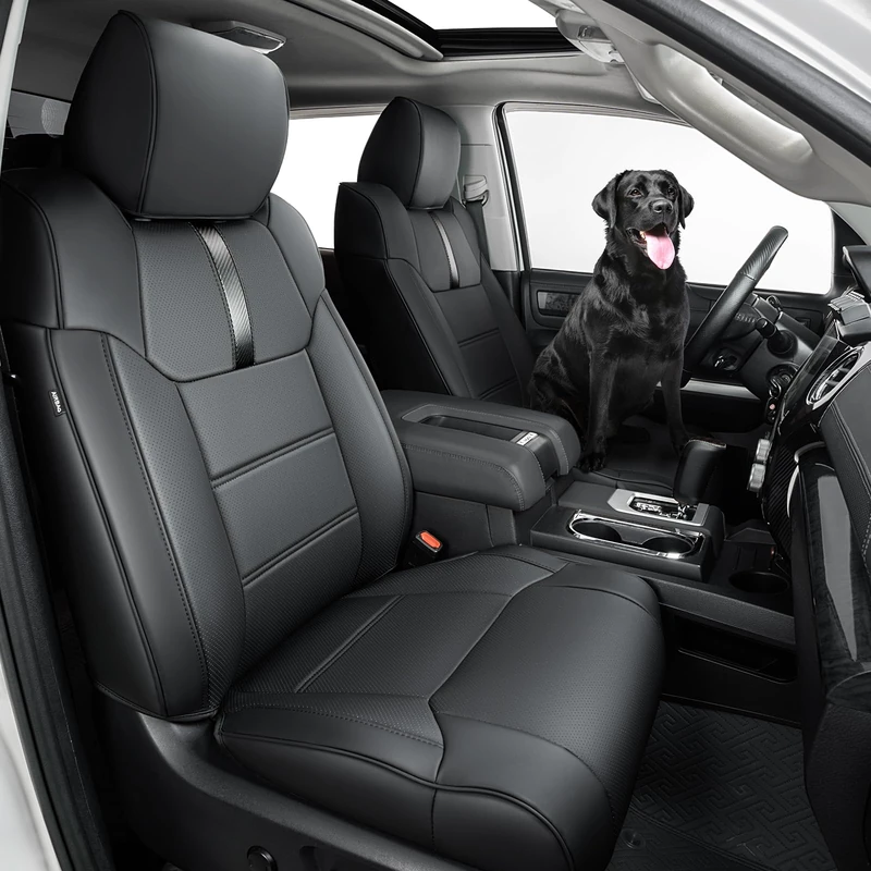 DrCarNow for Toyota Tundra Seat Covers 2014-2021 (CrewMax only), Full Set Leather Seat Protectors for Tundra 2014 2015 2016 2017 2018 2019 2020 2021 Car Accessories (Black with Carbon Fiber)