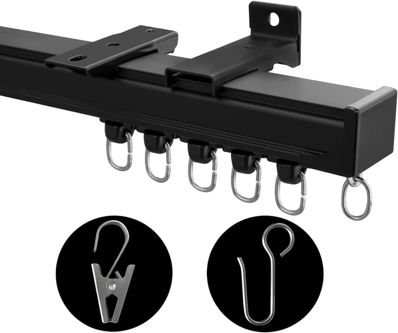 MaKefeile Ceiling Mount Curtains Track Room Divider Privacy Partition Separator Curtain Tracks Rods Heavy Duty RV Shower Outdoor Rail Clip Hook Set, Black 3-15ft