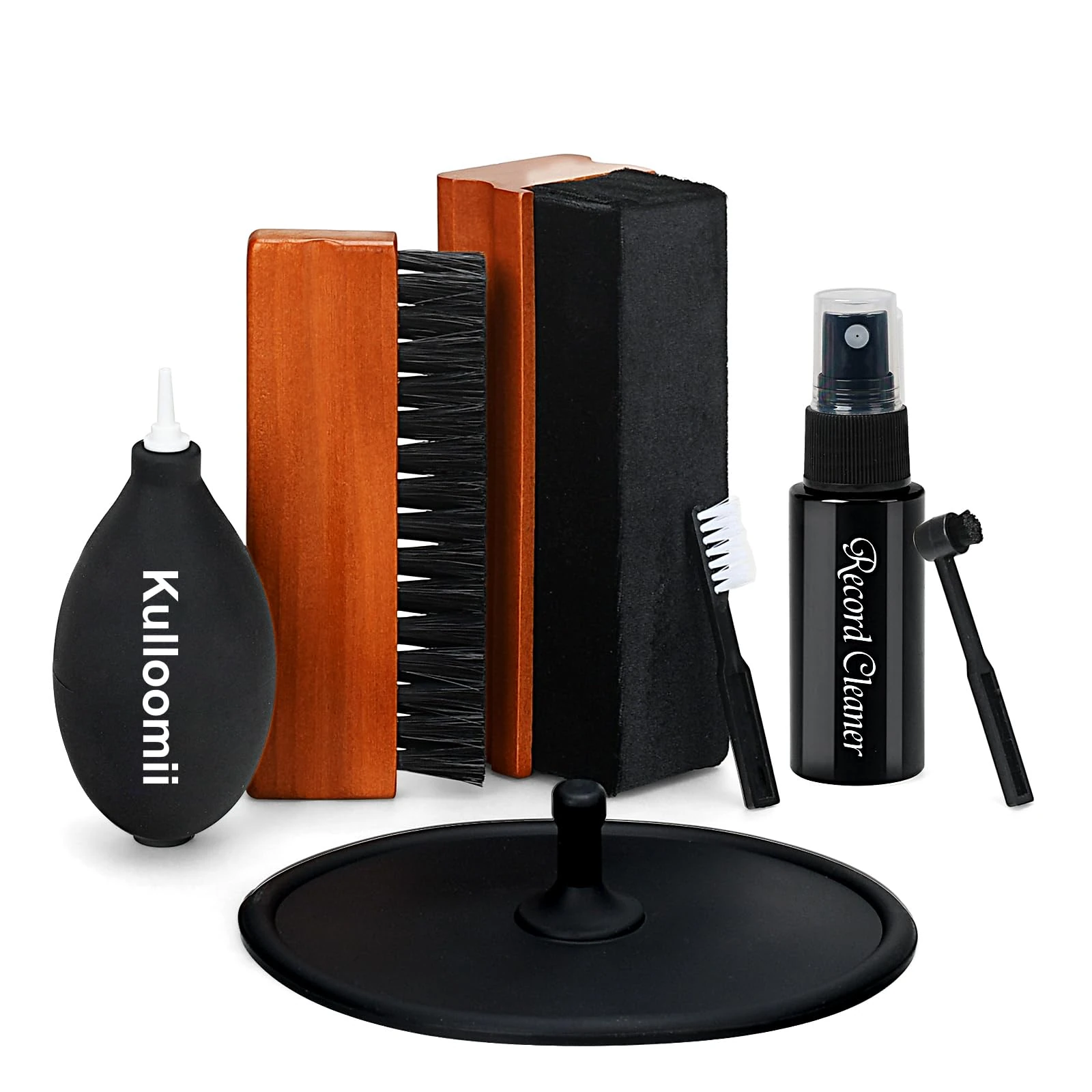 Kulloomii 7pcs Vinyl Record Cleaning Kit, Velvet & Microfiber Brushes, Anti-Static Cleaner, Label Protector, Air Blower, Stylus Brush, Velvet Brush Cleaner, Black, Fabric & Silicone Handle Materials