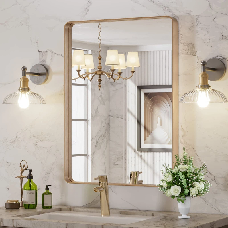 LOAAO 22”X30” Gold Bathroom Mirror, Rounded Rectangle Gold Frame Mirror, Brushed Gold Bathroom Vanity Mirror Wall-Mounted, Anti-Rust, Tempered Glass, Hangs Horizontally or Vertically - Image 1