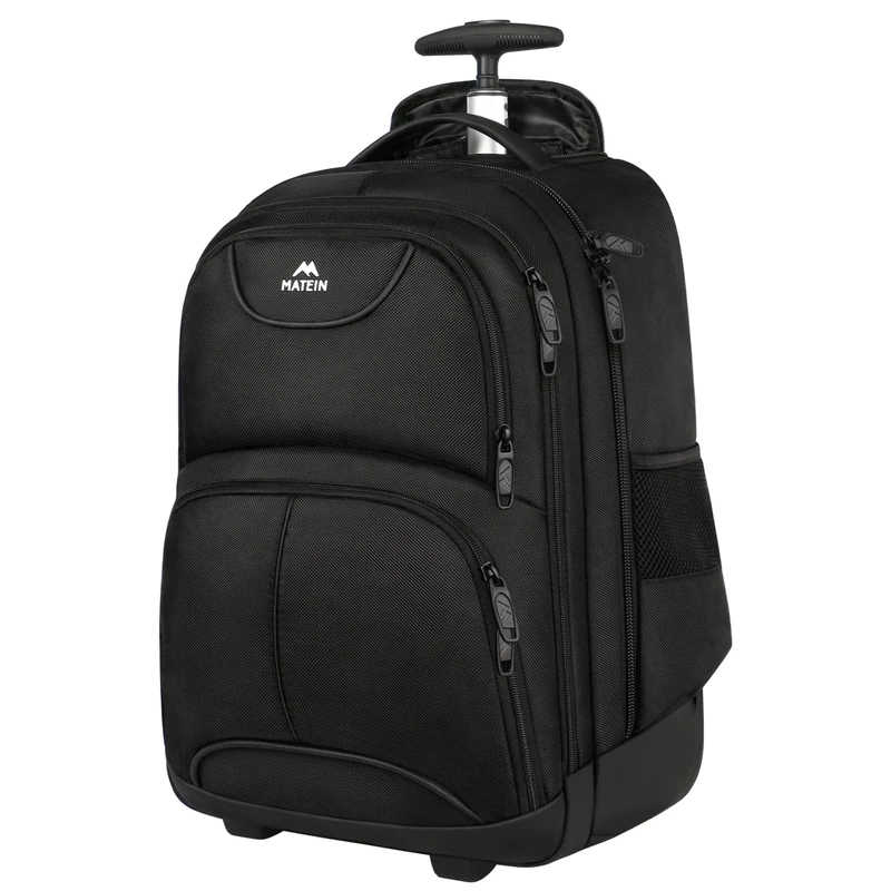 MATEIN Travel Backpack with Wheels, 18 Inch Laptop Backpack Wheeled Trolley Carry On Luggage Suitcase Backpack with Laptop Compartment Laptop Rucksack for Women, Men, Work, Business, College, Black