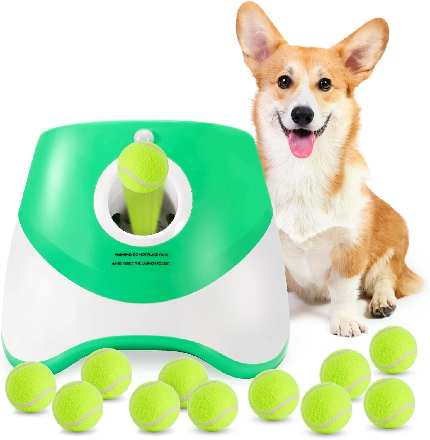 Grezea Automatic Dog Ball Launcher, Puppy Ball Thrower Machine for Dogs with 10-30 Ft Launch Distance, Interactive Dog Toys for Small Dogs Indoor & Outdoor, 12 Pack 2-Inch Balls Included (Green)