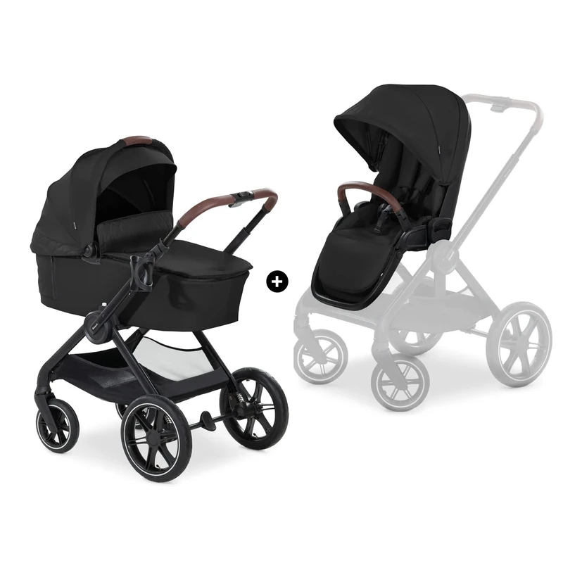 hauck Walk N Care Set, Black - 2 in 1 Pram & Pushchair with Raincover from Birth to 22 kg, Frame with Cup Holder, Carrycot & Toddler Seat, Height-Adjustable, Compact & Foldable, UPF 50+, Lie-Flat