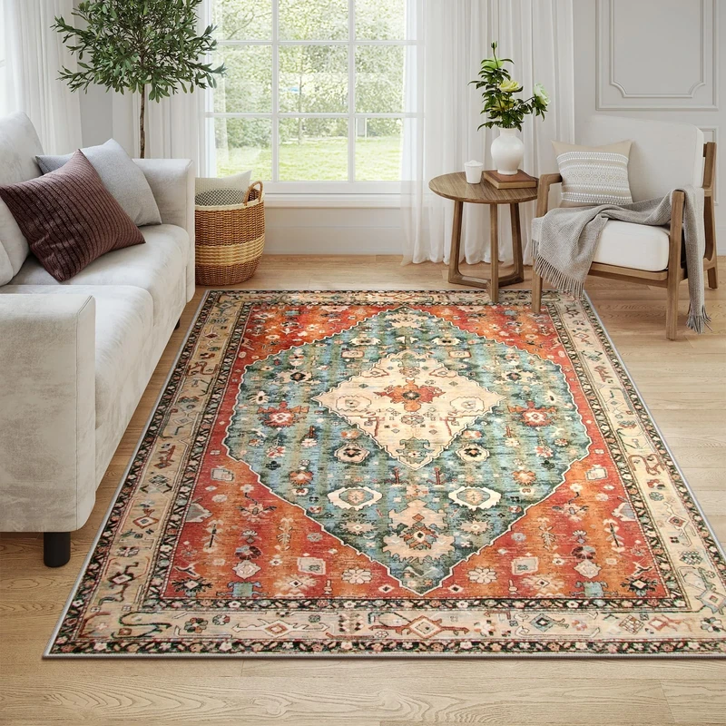 Lahome Boho Tribal Area Rug - 6x9 Soft Large Bedroom Rugs Dining Room Mat, Washable Indoor Carpet for Living Room, Printed Non-Shed Classroom Office Rug for Apartment Proch Dorm,Rust