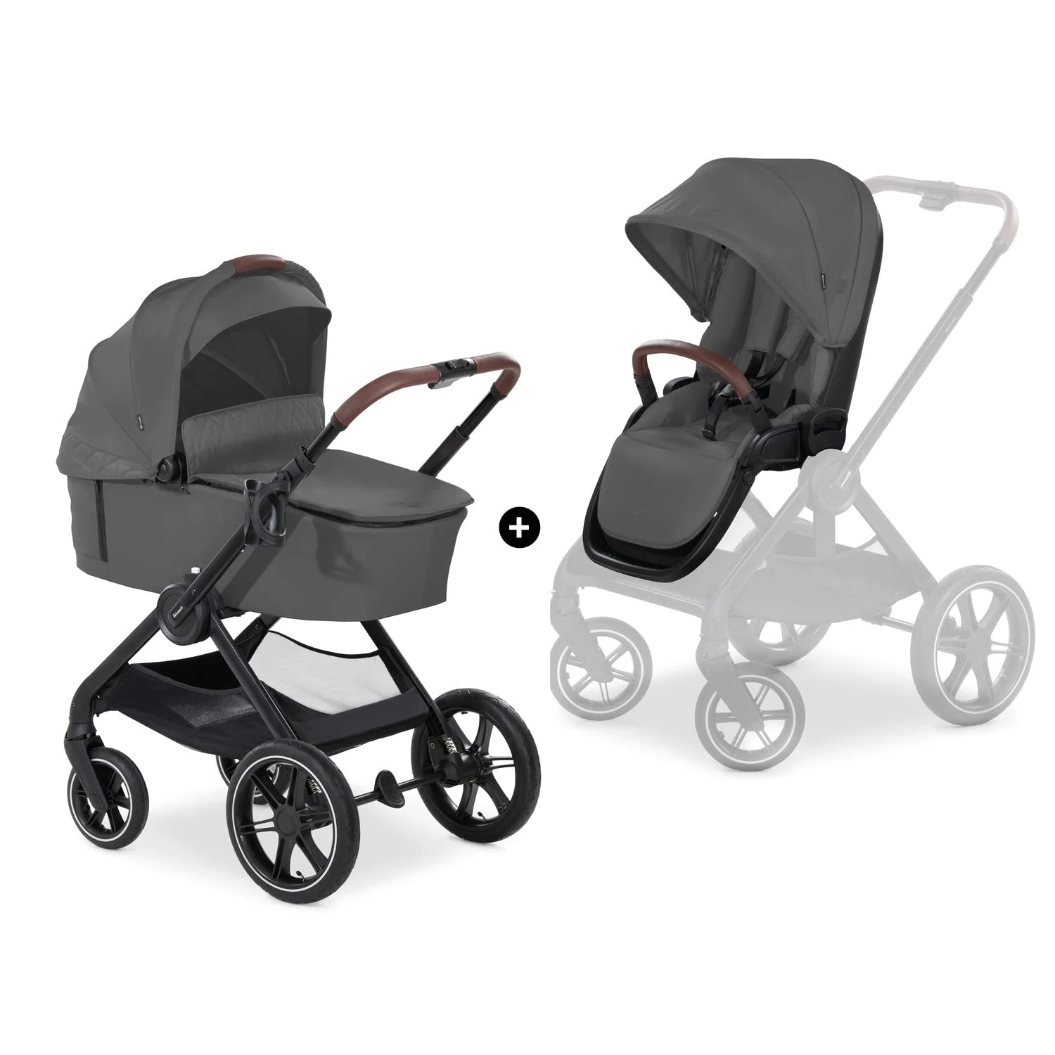hauck Walk N Care Set, Dark Grey - 2 in 1 Pram & Pushchair with Raincover from Birth to 22 kg, Frame with Cup Holder, Carrycot & Toddler Seat, Height-Adjustable, Compact & Foldable, UPF 50+, Lie-Flat