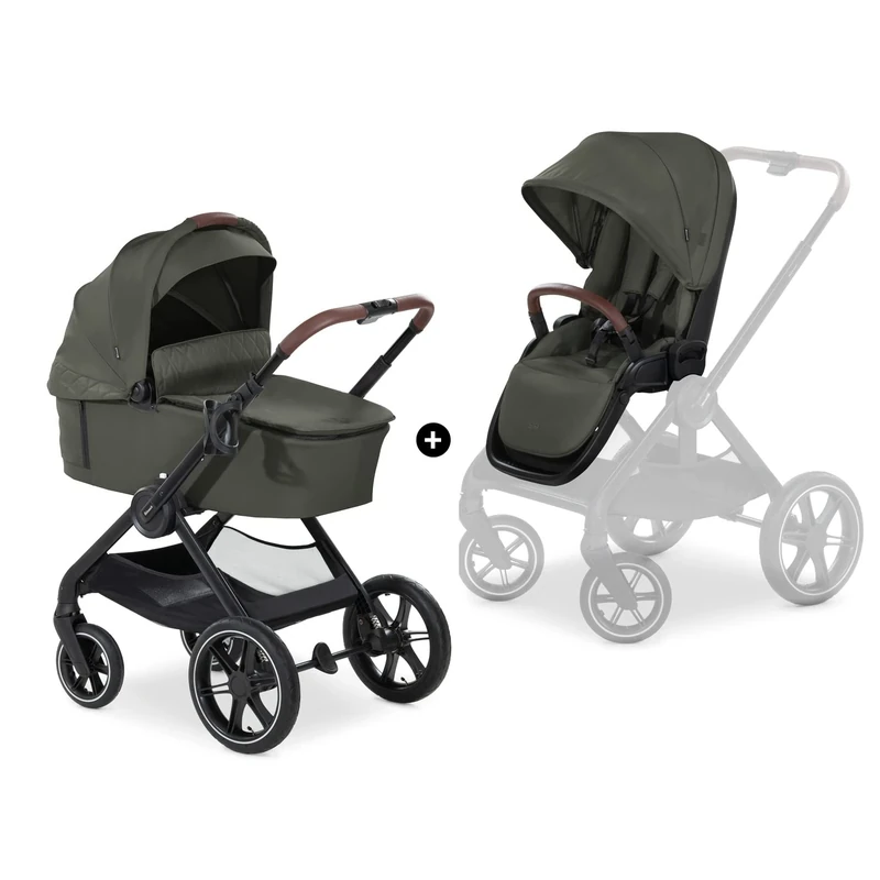 hauck Walk N Care Set, Dark Olive - 2 in 1 Pram & Pushchair with Raincover from Birth to 22 kg, Frame with Cup Holder, Carrycot & Toddler Seat, Height-Adjustable, Compact & Foldable, UPF 50+, Lie-Flat
