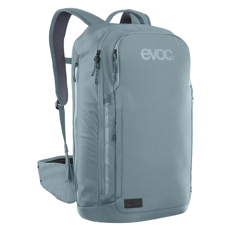 EVOC COMMUTE PRO 22 backpack (bike backpack, incl. back protector, recycled polyester, weight: 1.2 kg, dimensions: 15 x 29 x 48 cm, volume: 22 l, size: S/M), steel