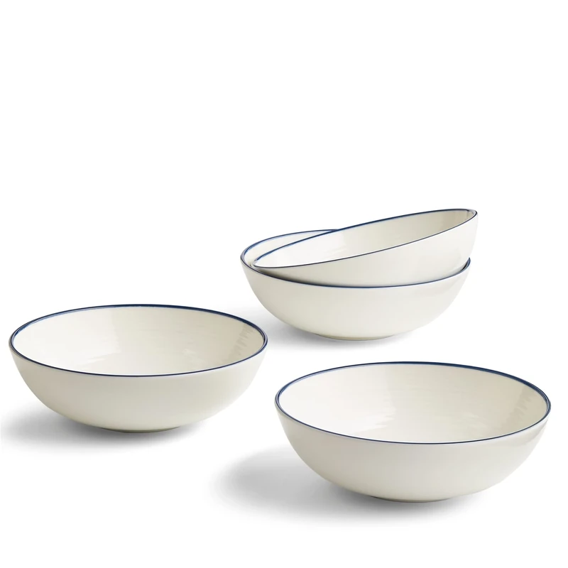 Royal Doulton Cereal Bowls, Stoneware, Designed to Mix & Match, Gordon Ramsay Maze Cereal Bowls 18cm/7in, Denim Line, Set of 4, Blue,white