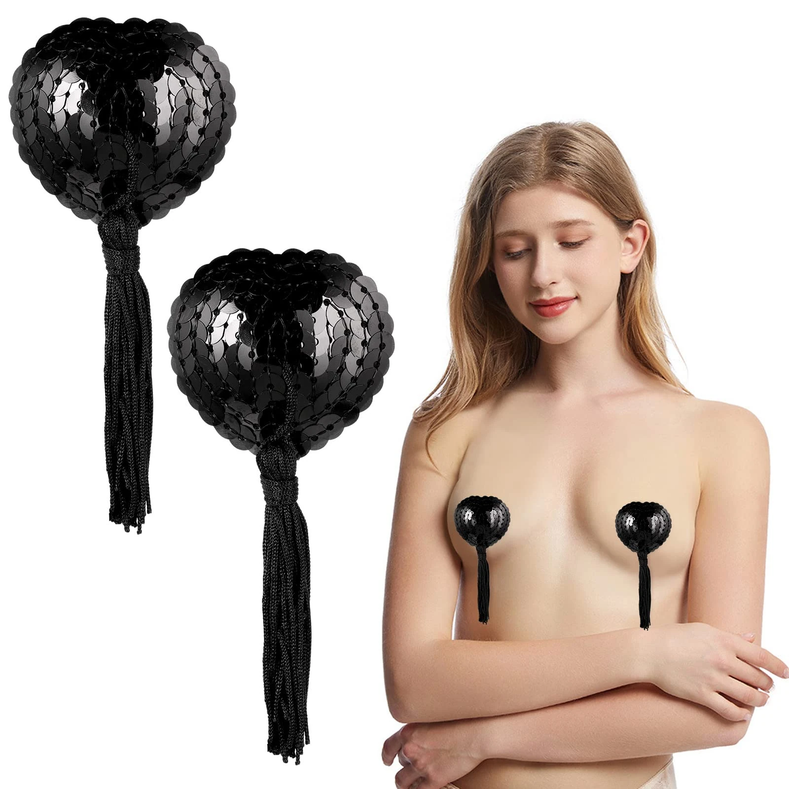 Xinjieda Reusable Adhesive Nipple Covers, Heart-Shaped Silicone Pasties with Tassels, 1 Pairs (black)