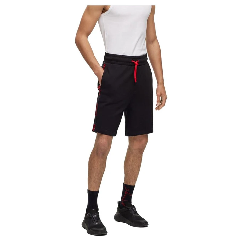 HUGO Mens Sporty Logo Shorts Embroidered-Logo Shorts in Cotton Terry Black