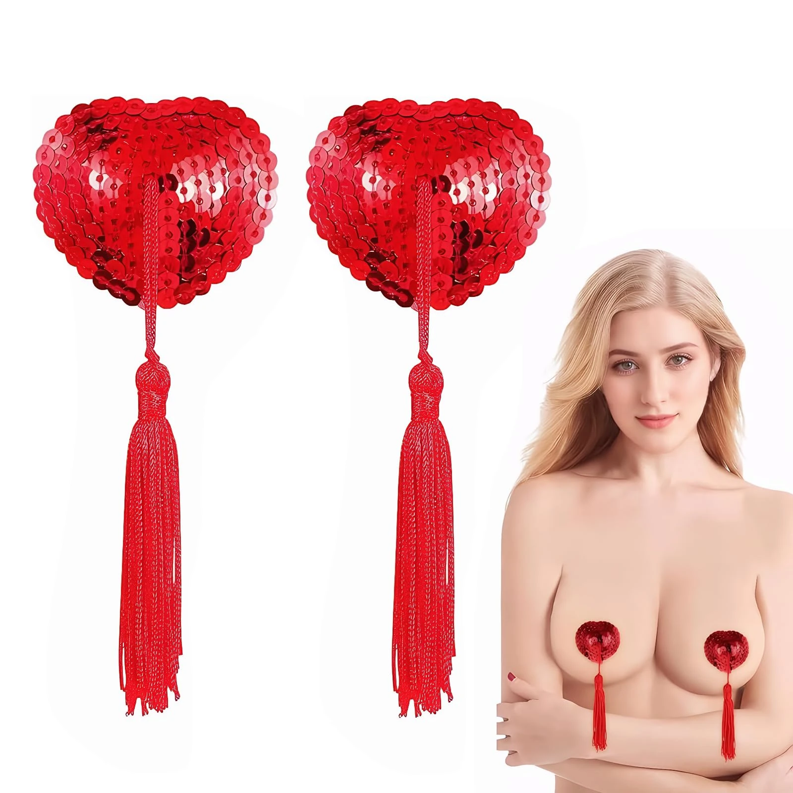 Xinjieda Reusable Adhesive Nipple Covers, Heart-Shaped Silicone Pasties with Tassels, 2 Pairs (red)