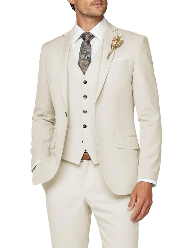Wangyue Mens Suit 3 Piece Slim Fit Suit for Men Formal Business Suit Wedding Groom Prom Tuxedo Dinner Party, Cream, L