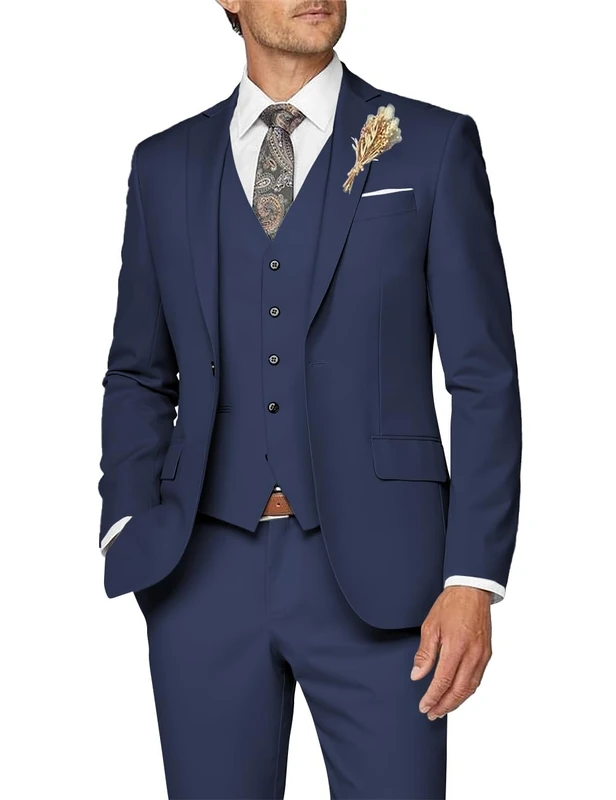 Wangyue Mens Suit 3 Piece Slim Fit Suit for Men Formal Business Suit Wedding Groom Prom Tuxedo Dinner Party, Navy, M