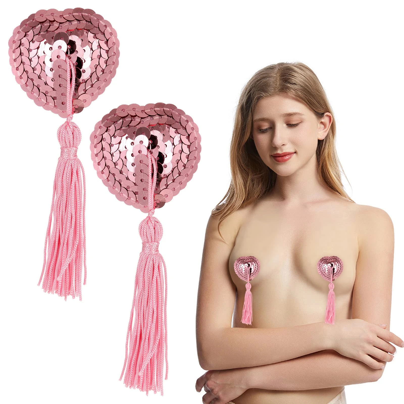 Xinjieda Reusable Adhesive Nipple Covers, Heart-Shaped Silicone Pasties with Tassels, 1 Pairs (pink)