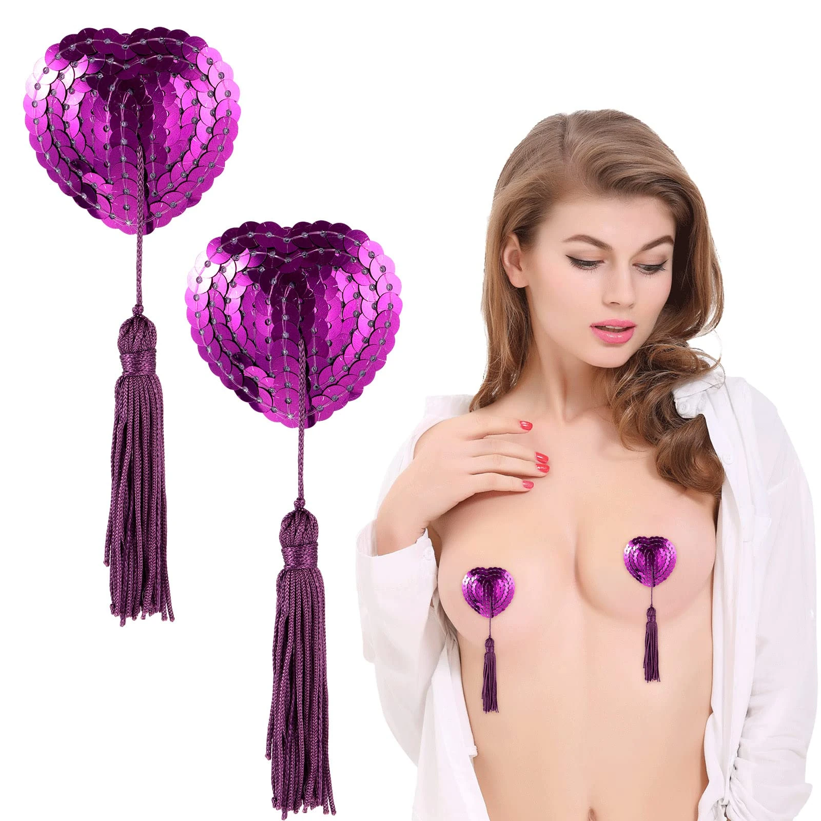 Xinjieda Reusable Adhesive Nipple Covers, Heart-Shaped Silicone Pasties with Tassels, 1 Pairs (Purple)