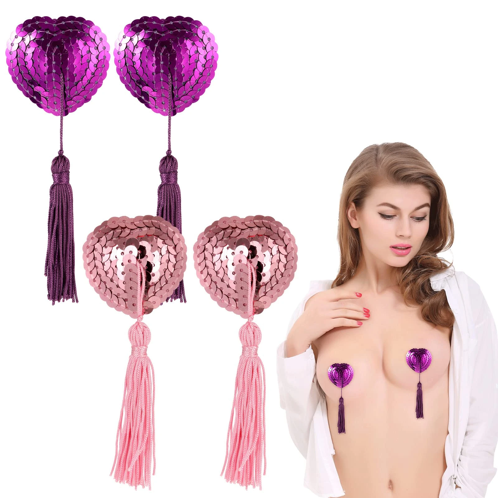 Xinjieda Reusable Adhesive Nipple Covers, Heart-Shaped Silicone Pasties with Tassels (lila+rosa)