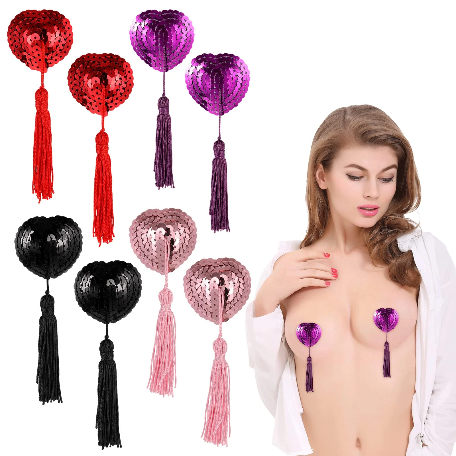 Xinjieda Reusable Adhesive Nipple Covers, Heart-Shaped Silicone Pasties with Tassels, 2 Pairs (red+purple+black+pink)