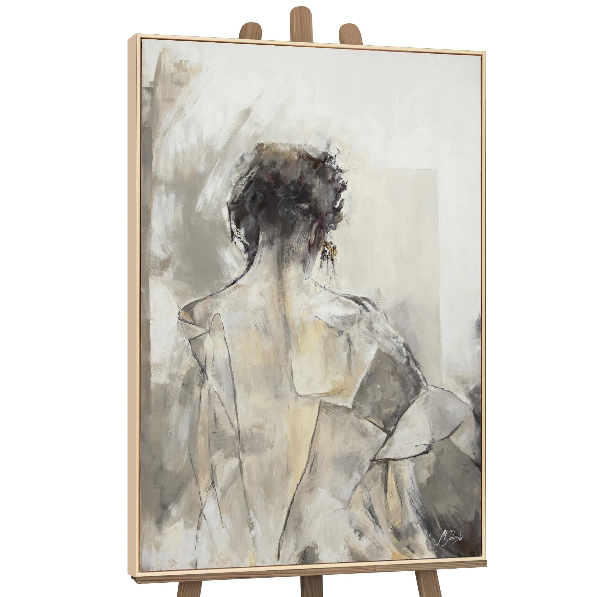 YS-Art Acrylic painting in frame Namur Artwork in watercolor style with abstract women figurines Wall art for bedroom in grey beige color 56x40 inches