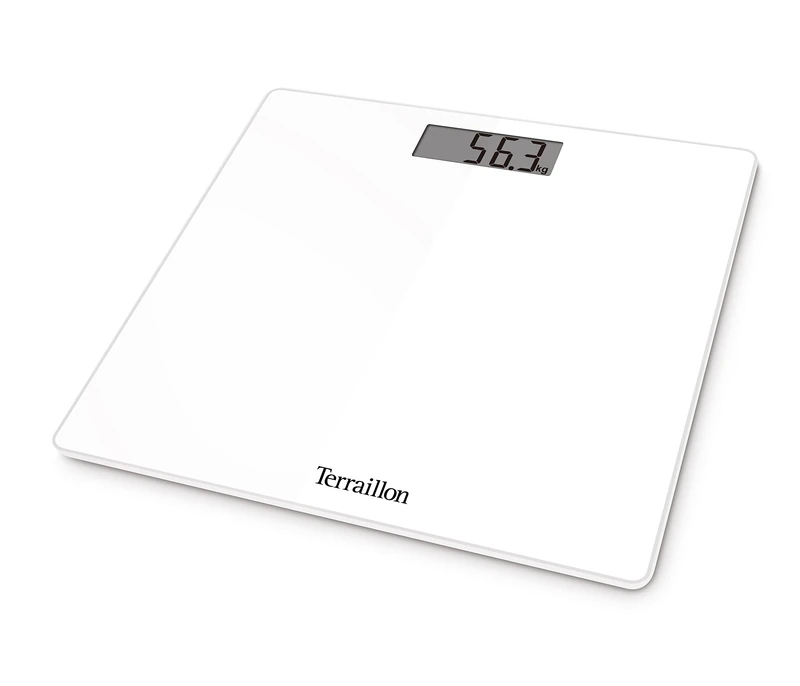 TERRAILLON - White TSQUARE Bathroom Scales - Compact and Ultra Flat 26 cm x 26 cm - Glass Tray - Large LCD Screen - Capacity 180 kg - Graduation 100 g - White