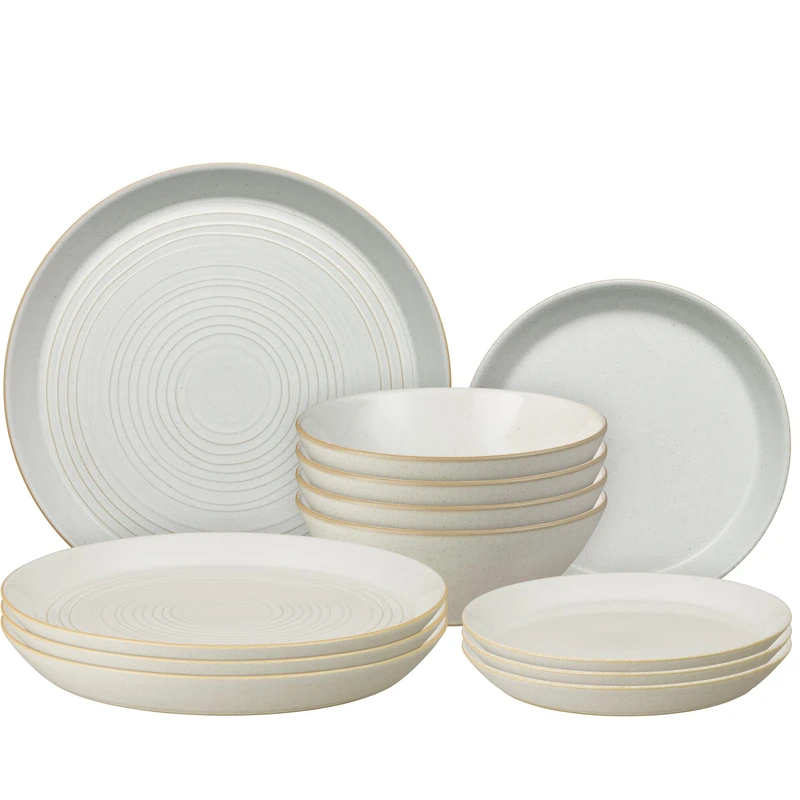 Denby - Impression Cream Dinner Set For 4 - 12 Piece Ceramic Tableware Set - Dishwasher Microwave Safe Crockery Set - 4 x Dinner Plates, 4 x Small Plates, 4 x Cereal Bowls- Spiral Design
