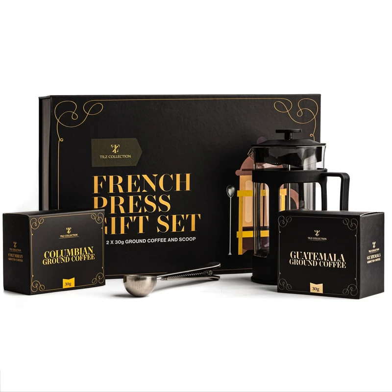 TILZ COLLECTION Coffee Gift Set - Coffee Gifts For Men |Cafetiere, French Press Coffee Maker, 2xGround Coffee, Colombian & Guatemala, Coffee Scoop, Spoon |Gifts For Daddy From Daughter, Son |StepDad