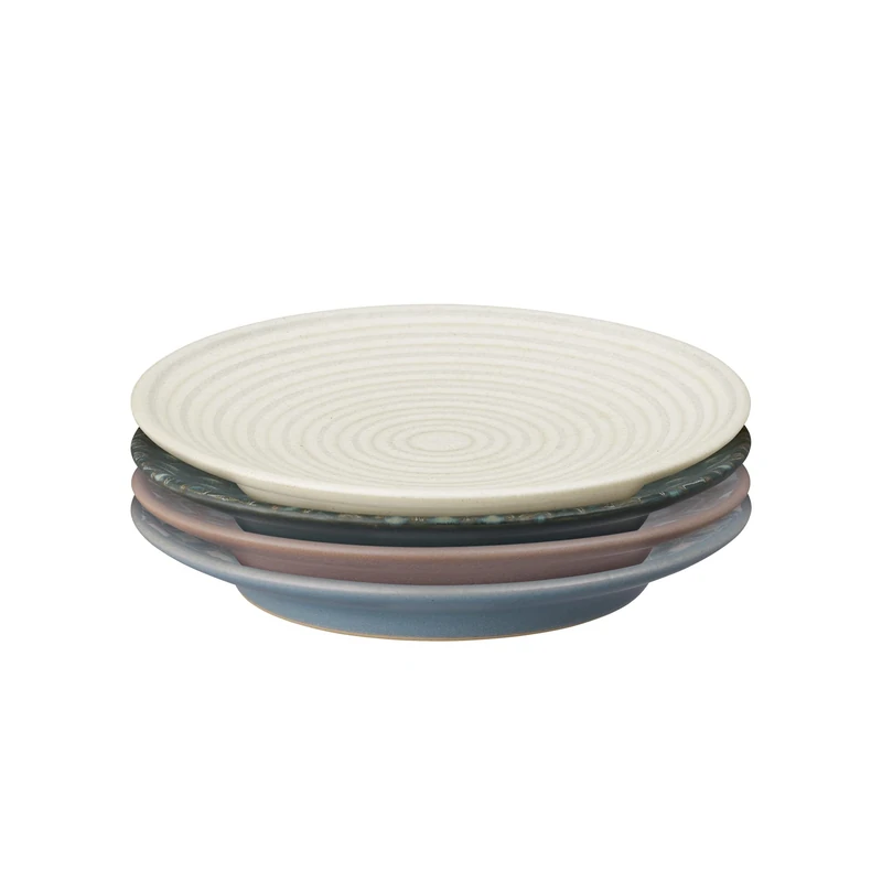 Denby - Impression Mixed Colour Patterned Small Plates Set of 4 - Dishwasher Microwave Safe Crockery - Ceramic Stoneware Tableware Side Plates For Lunch & Dinner - Pink, Cream, Blue & Black