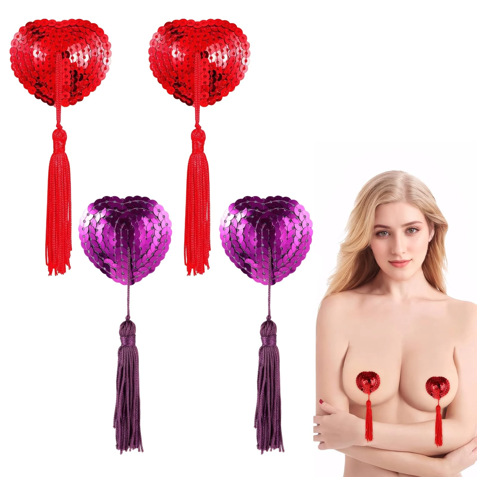 Xinjieda Reusable Adhesive Nipple Covers, Heart-Shaped Silicone Pasties with Tassels, 2 Pairs (red + purple)