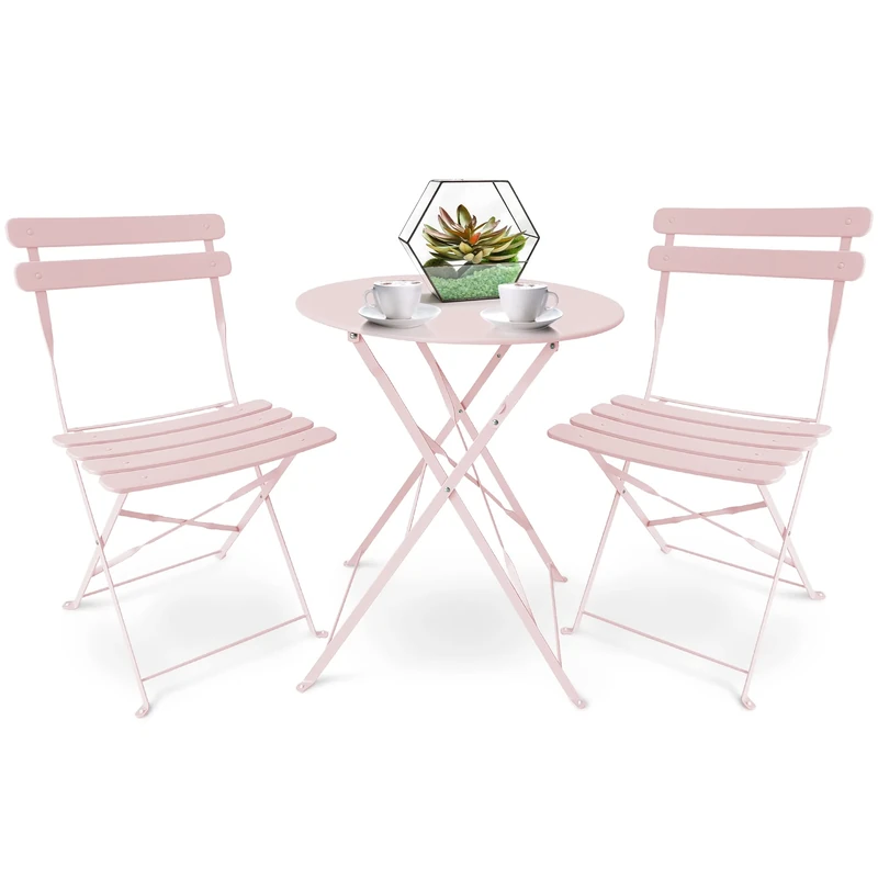 SUNMER Patio Bistro Set 3 Piece with Foldable Table and Chairs - Powder Coated Steel Frame, Easy to Transport, Each Chair can Support 120kg - Ideal for Gardens, Patios, Balconies - Pink