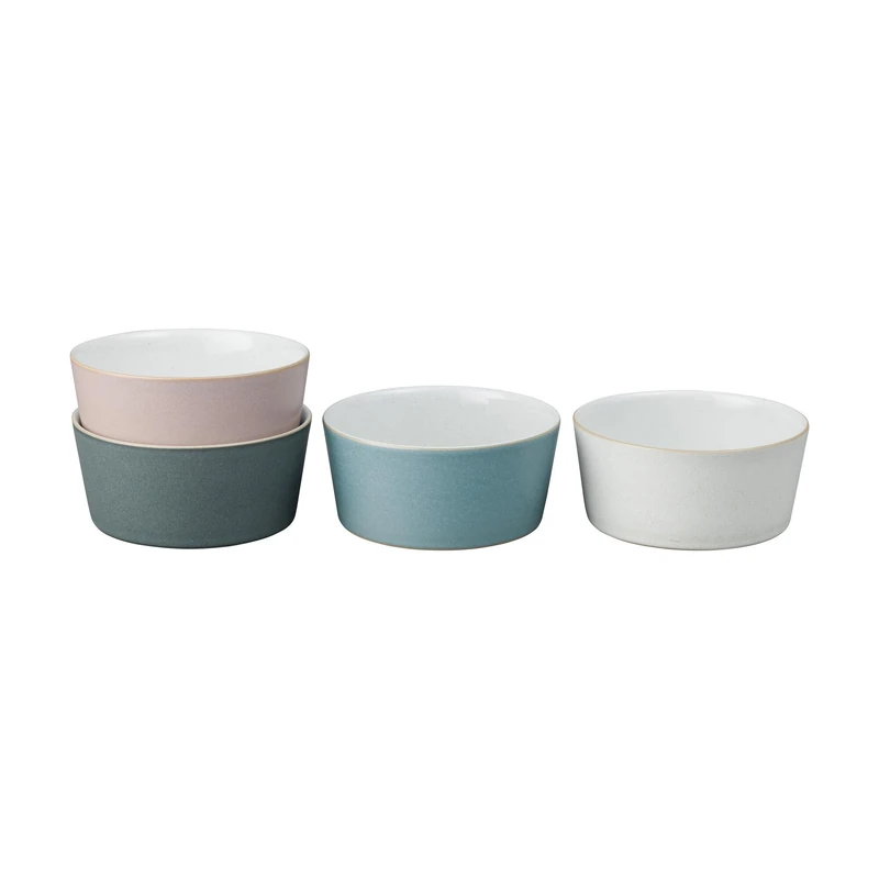 Denby - Impression Mixed Colour Straight Rice Bowls Set of 4 - Dishwasher Microwave Safe Modern Crockery - Blue, Pink, Cream, Black Ceramic Stoneware Tableware