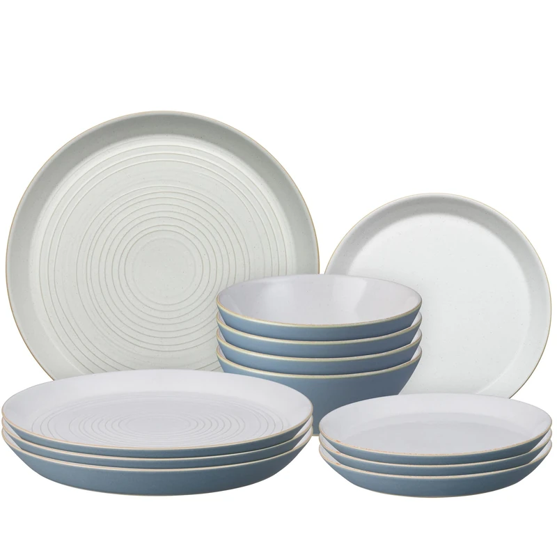 Denby - Impression Blue Dinner Set For 4 - 12 Piece Ceramic Tableware Set - Dishwasher Microwave Safe Crockery Set - 4 x Dinner Plates, 4 x Small Plates, 4 x Cereal Bowls- Spiral Design