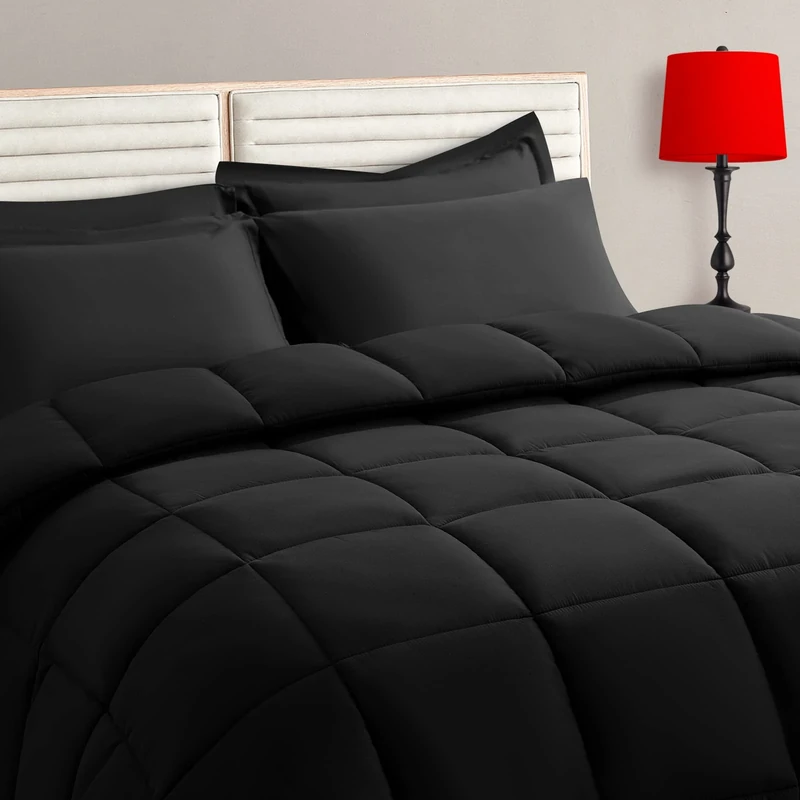 TAIMIT Black Full Size Comforter Set - 7 Pieces, Bed in a Bag Bedding Sets with All Season Soft Quilted Warm Fluffy Reversible Comforter,Flat Sheet,Fitted Sheet,2 Pillow Shams,2 Pillowcases