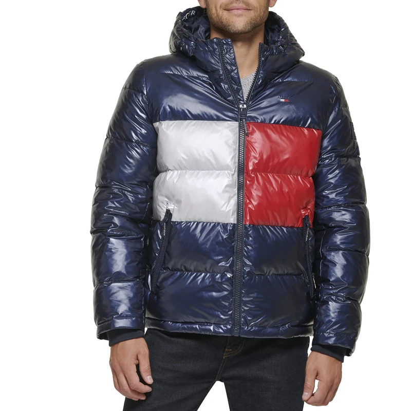 Tommy Hilfiger Men's Hooded Puffer Jacket (Standard and Big & Tall) Down Alternative Coat, Pearlized Navy Tommy Flag, M