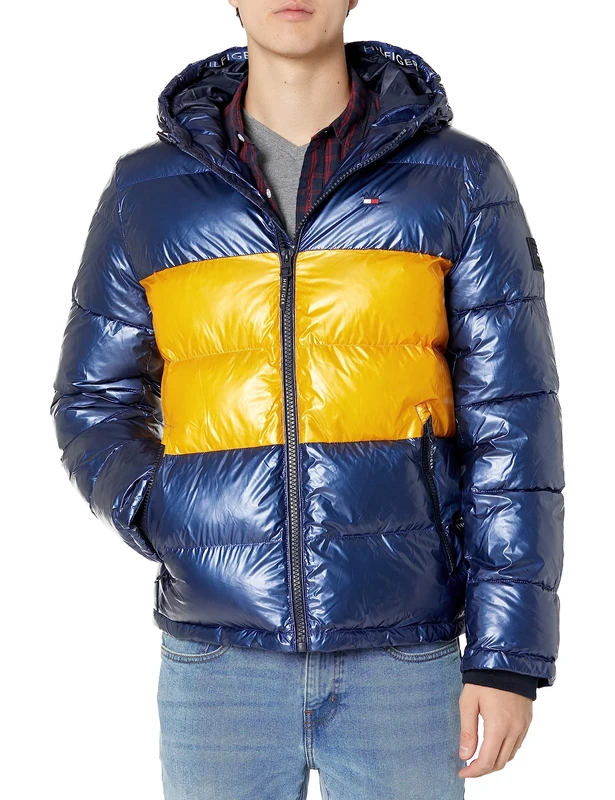 Tommy Hilfiger Men's Hooded Puffer Jacket (Standard and Big & Tall) Down Alternative Coat, Pearlized Navy/Yellow, M