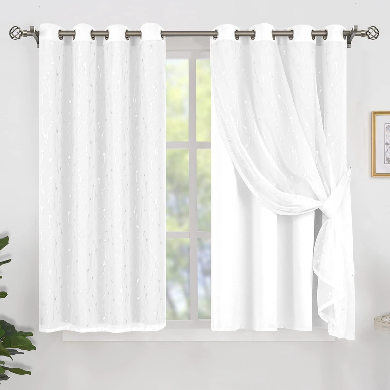 BGment White Blackout Curtains with Sheer Overlay, Silver Printed Tulle Double Layer Grommet Thermal Insulated Window Curtains for Bedroom/Living Room, 2 Panels Each 52 x 63 Inch, Pure White