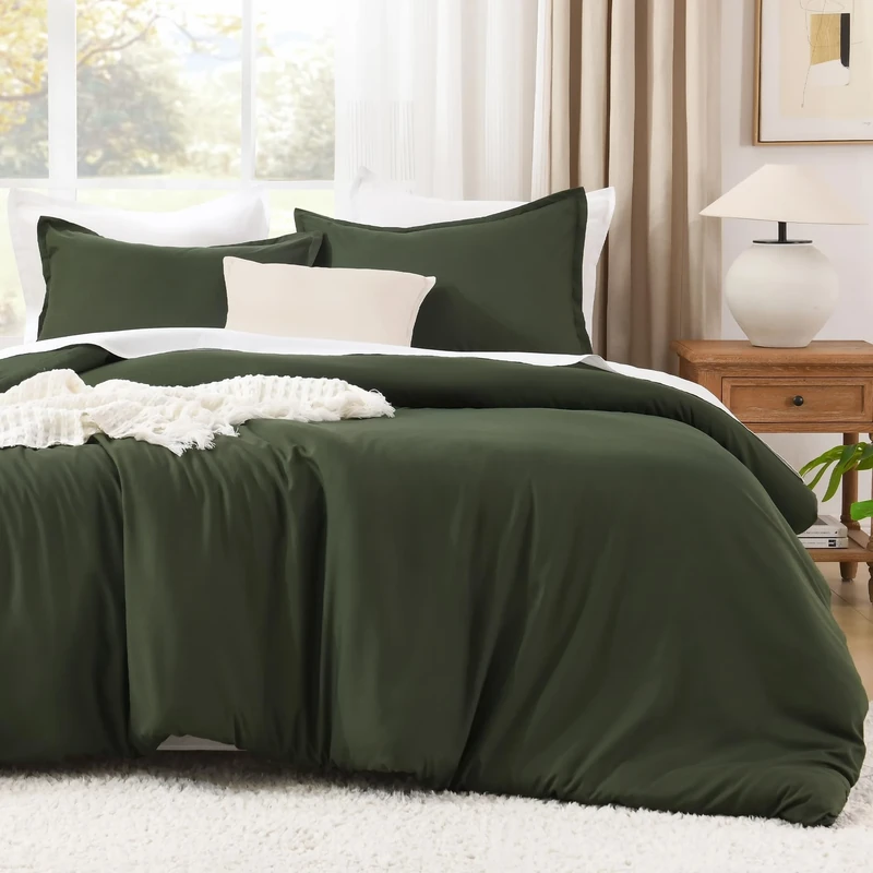 Litanika Dark Olive Green Comforter Set Full, 3 Pieces Solid Bedding Comforter Set, All Season Fluffy Bed Set (79x90In Comforter & 2 Pillowcases)