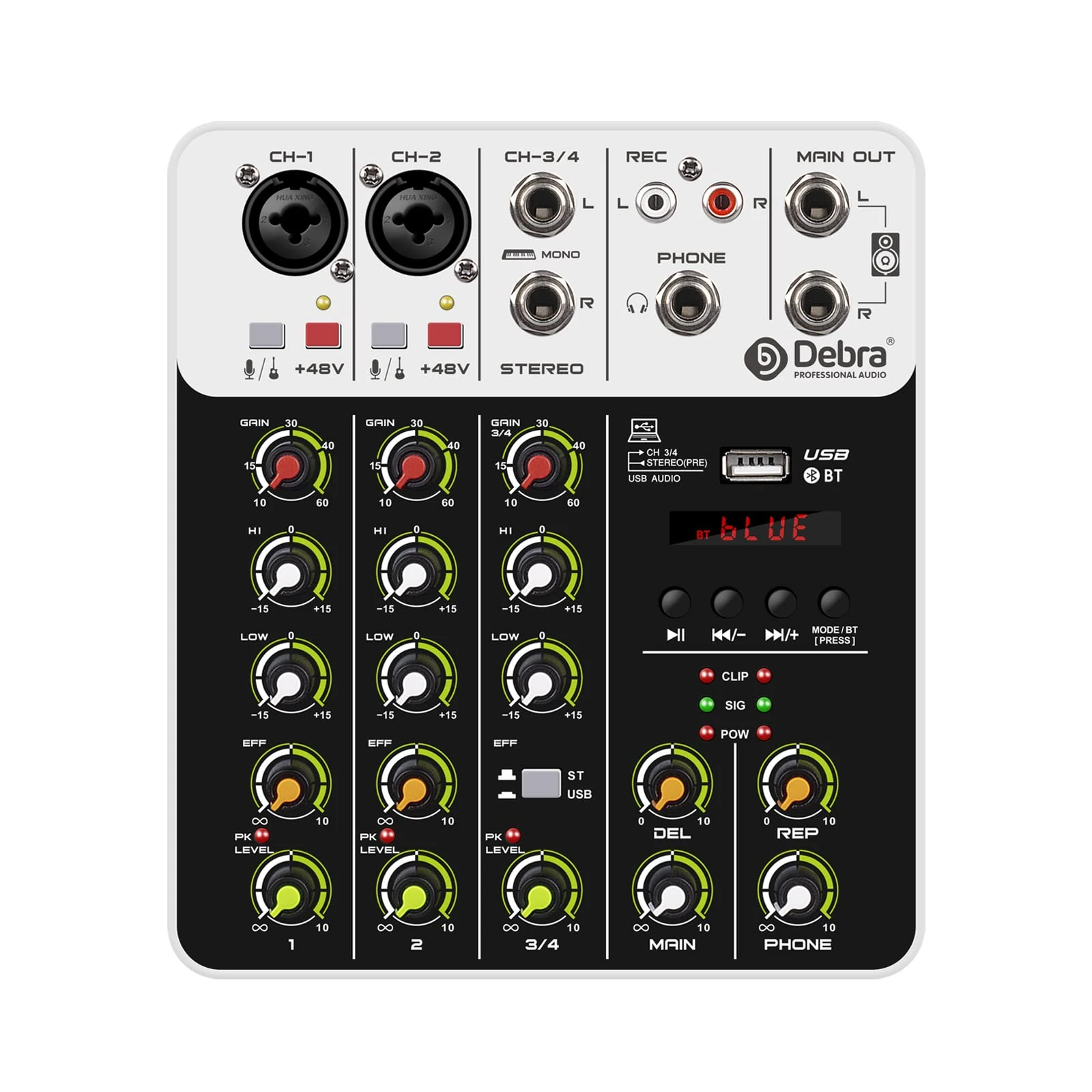 Audio Mixer D Debra V4 4-channel DJ Mixer Console with MP3 USB Bluetooth, 48V Phantom Power, Sound Mixing Board for Live, Wedding, Party, Recording Broadcast