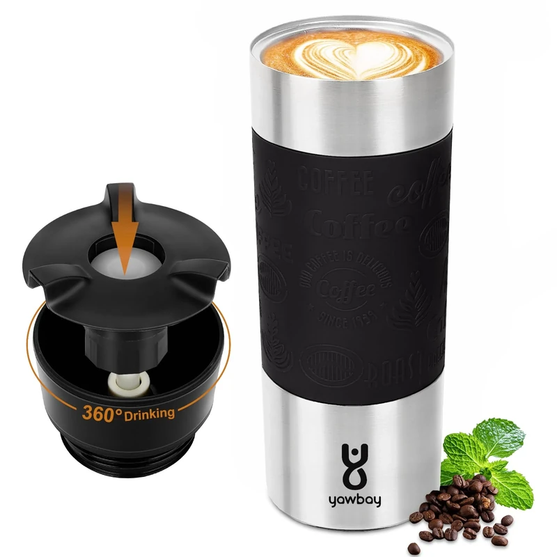 Yawbay Coffee Cup Travel Mug 360°Drinking,510ml Travel Coffee Mug Leakproof,Insulated Travel Mugs for Hot and Cold Drinks Spill Proof(Black)