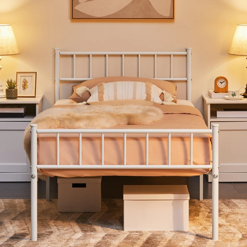 Yaheetech 3ft Single Metal Bed Frame Modern Style Bed Frame with Headboard and Footboard, Solid Slatted Base White