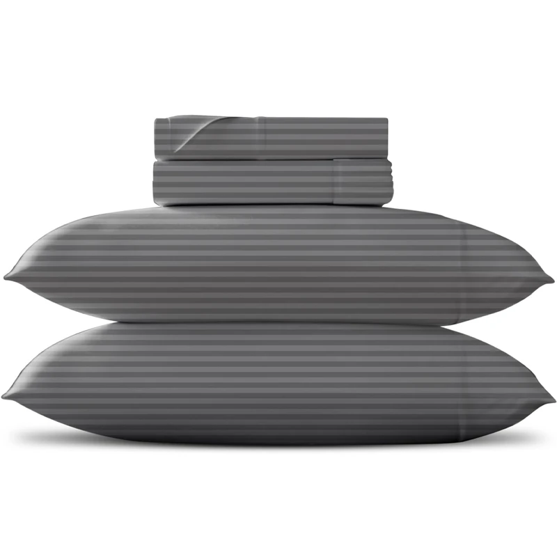 TEXAS LINEN CO. Luxury Egyptian Cotton Queen Stripe Sheet Set, 600 Thread Count Extra Long Staple 4 PC Set, Queen Dark Grey Damask Sheets, Soft, Cooling Sateen Weave Sheets Upto 18 in Deep Pocket