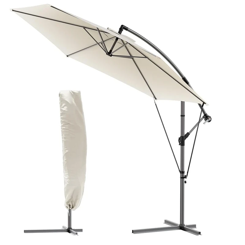 VOUNOT® 3m Cantilever Garden Parasol, Banana Patio Umbrella with Crank Handle, Wind Protection Strap and Tilt for Outdoor Sun Shade, Beige