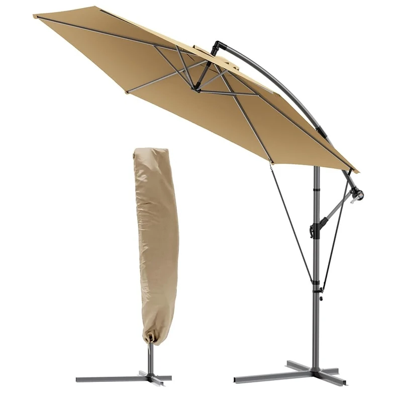 VOUNOT® 3m Cantilever Garden Parasol, Banana Patio Umbrella with Crank Handle, Wind Protection Strap and Tilt for Outdoor Sun Shade, Khaki