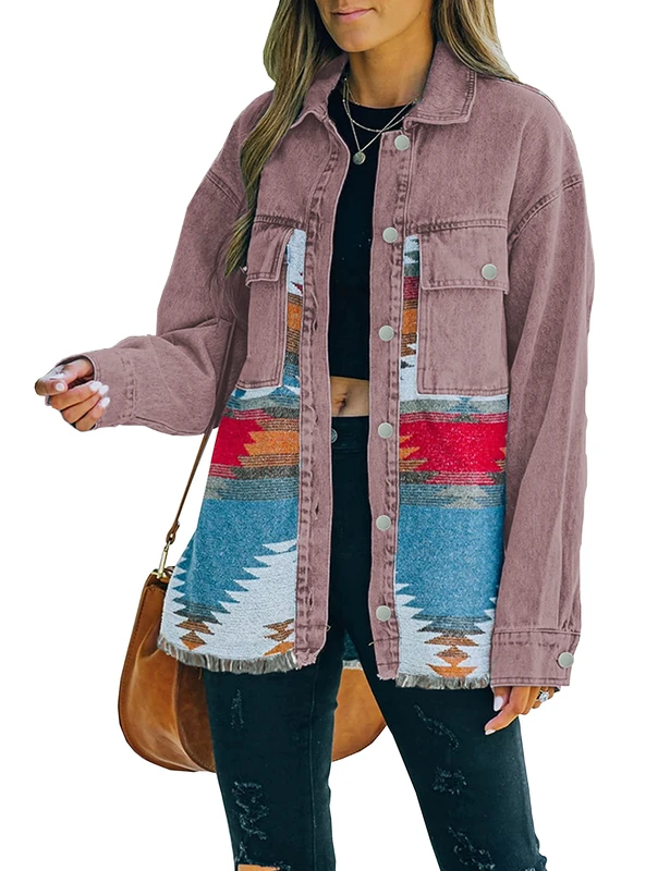 Lumister Women's Aztec Denim Jacket Distressed Lapel Long Sleeve Vintage Button Down Denim Jacket Shacket, Vintage Claret, M - Image 1